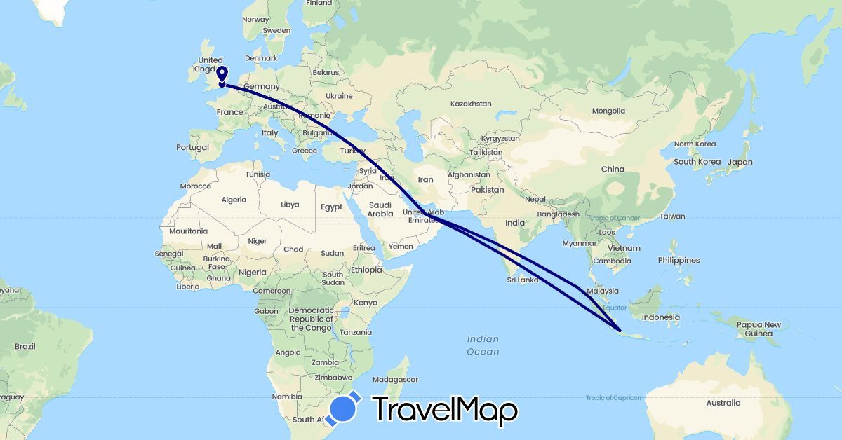 TravelMap itinerary: driving in United Arab Emirates, United Kingdom, Indonesia (Asia, Europe)